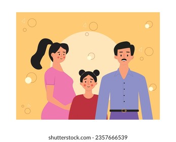 Married couple dad, daughter and pregnant mom, happy family time with baby in mother's belly. Character design. Vector flat illustration