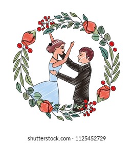 married couple dancing and crown with rose flower