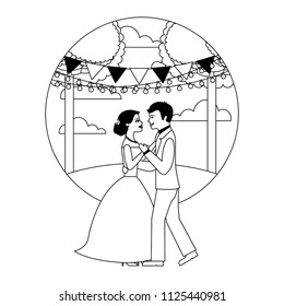 married couple dancing in landscape isolated icon