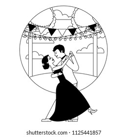 married couple dancing in landscape isolated icon