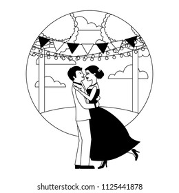 married couple dancing in landscape isolated icon