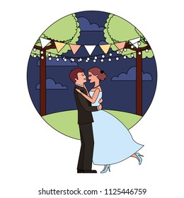 married couple dancing in night landscape isolated icon