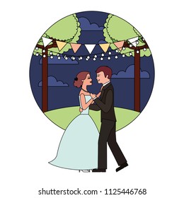 married couple dancing in night landscape isolated icon