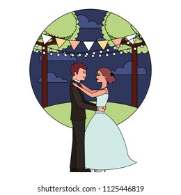 married couple dancing in night landscape isolated icon