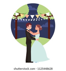 married couple dancing in night landscape isolated icon