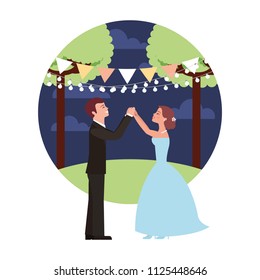 married couple dancing in night landscape isolated icon