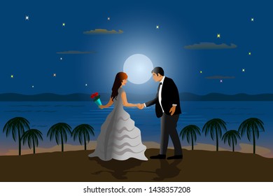 The married couple is dancing on the beach. With the sea and the moon as the background