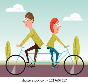 Married Couple With Different Goals Going In Opposite Directions On Bicycle