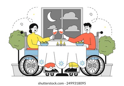 Married couple with disabilities. Man and woman in wheelchairs drink wine. Love and romance. People on romantic date and meeting. Linear vector illustration isolated on white background