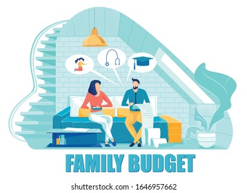 Married Couple Discussing Family Budget Together Flat Cartoon Vector Illustration. Home Savings for Expenses suc as Children, Medicine, Education. Future Financial Planning. Paper Notes.