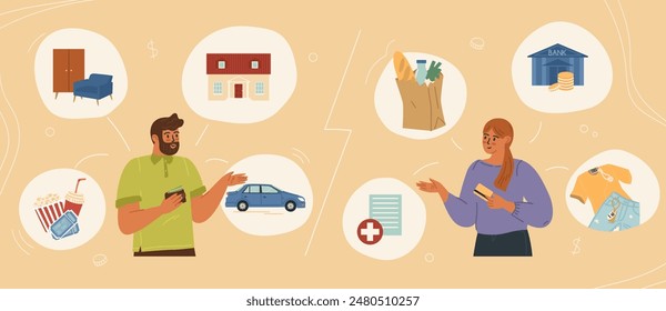 Married couple discussing family budget vector illustration