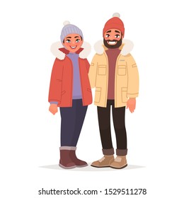 Married couple dressed in winter clothes  A man   woman are standing together white background  Vector illustration in cartoon style