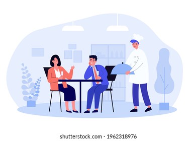 Married couple drinking champagne at restaurant. Husband and wife chatting, waiter with order flat vector illustration. Restaurant, dating concept for banner, website design or landing web page