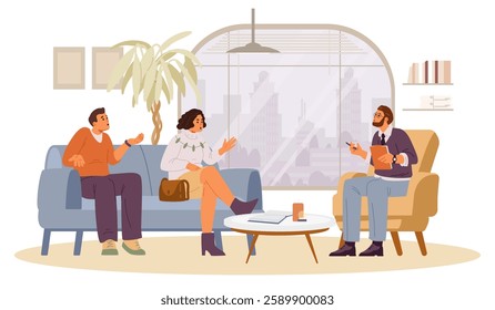 A married couple during a psychotherapy session in a psychologist's office flat vector illustration. Man psychologist with patients in the interior.