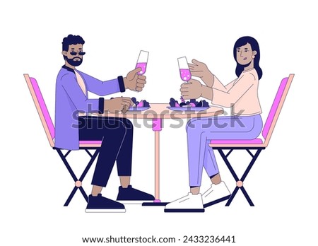 Married couple eating dinner 2D linear cartoon characters. Interracial lovers drinking wine together isolated line vector people white background. Dating heterosexual color flat spot illustration