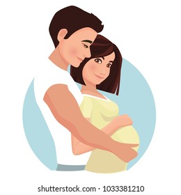 A married couple expecting a baby. Pregnant Woman and man. Husband and wife, family.  Vector illustration.