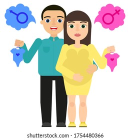 Married couple expecting a baby. Wife and husband think who will be born on a white background. A boy or girl will be born.