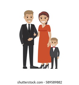 Married couple in expensive cloth and their little son. Family going to visit party. Smiling parents and boy isolated. Man woman and child on white. Parenthood concept vector illustration in flat