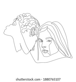 Married couple faces, continuous lines showing love, vector illustration