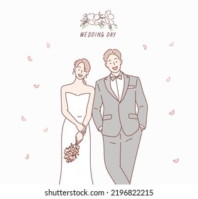 married couple with floral decoration icon. Hand drawn style vector design illustrations.