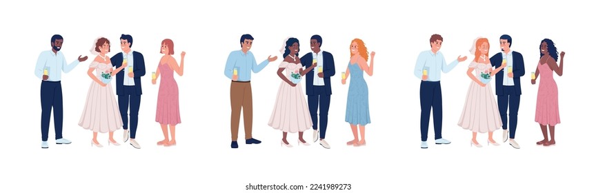 Married couple with friends semi flat color vector characters set. Editable figures. Full body people on white. Simple cartoon style illustration collection for web graphic design and animation