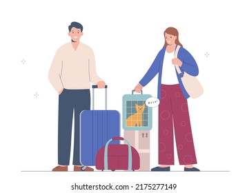 La pareja casada se va de viaje o se mueve. La joven está sosteniendo un portaaviones con un gato, junto a ella hay un hombre con maleta. Viajando con mascotas. Ilustración plana vectorial.