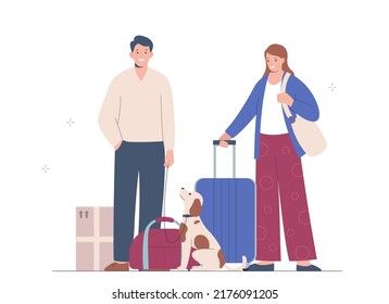 Married couple goes on  trip or moves. Man is holding  leash with  dog in his hands, next to him is  woman with  suitcase. Traveling with pets.