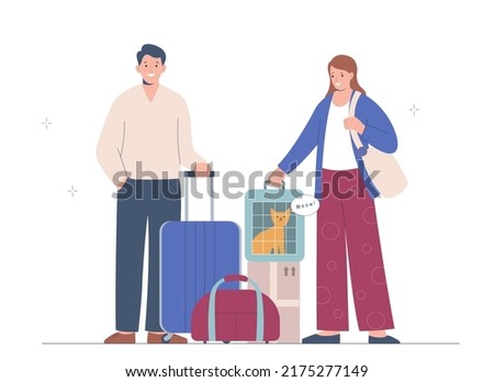 Married couple goes on trip or moves. Young woman is holding carrier with cat, next to her is man with suitcase. Traveling with pets. Vector flat illustration.
