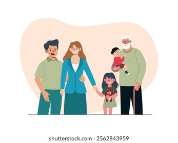 a married couple and grandfather, the husband was embracing his wife, wife was holding her first daughter who was holding a doll, while the grandfather was holding his grandson.
illustration, design