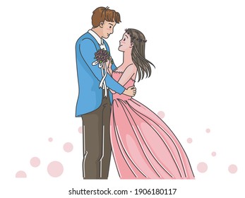 Married couple. Groom and bride. The newlyweds wedding dresses at their wedding ceremony. Hand drawn style of vector.