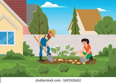 married couple harvesting potatoes in the backyard of the house. vector illustration.