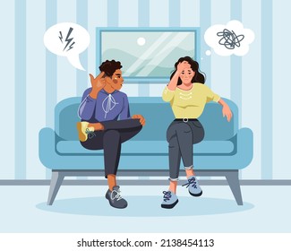 A married couple has problems in their relationship. A woman and a man are sitting on the couch and arguing. The concept of a family quarrel, divorce. Domestic conflict, life crisis. Vector