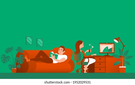 Married couple have a rest at home. A man lies on a sofa and reads a book. Girl creates graphic design on the computer. Favorite hobby. Vector cartoon banner illustration.