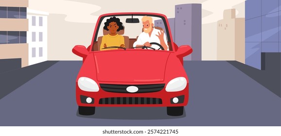 Married couple having problem in communication arguing in car while riding through city highway road vector illustration. Upset man anger yelling on unhappy irritated woman driving automobile