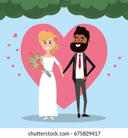 married couple with heart background and a bouquet flowers