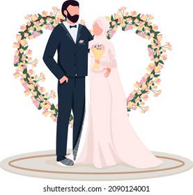 Married Couple At Heart Flower Gate Semi Flat Color Vector Characters. Standing Figures. Full Body People On White. Wedding Isolated Modern Cartoon Style Illustration For Graphic Design And Animation