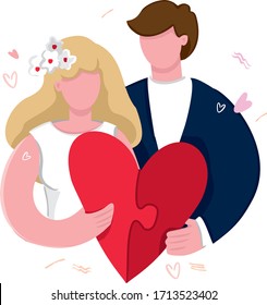 Married couple hold a large red heart in the shape of a puzzle. Happy bride and groom found their love. Banner concept of love marriage. A heart consisting of two puzzles. Flat vector illustration.