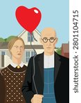 A Married Couple Holding Balloon Vector Illustration. Inspired by Grant Wood
