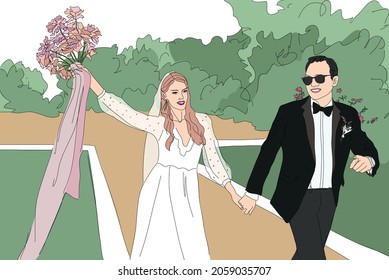 Married couple holding hands with flowers in a park