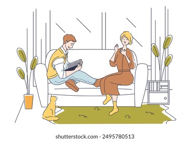 Married couple at home. Man with book and woman sitting on couch. Hobby and leisure, recreation. Comfort and coziness in apartment. Happy couple spending time together. Linear vector illustration