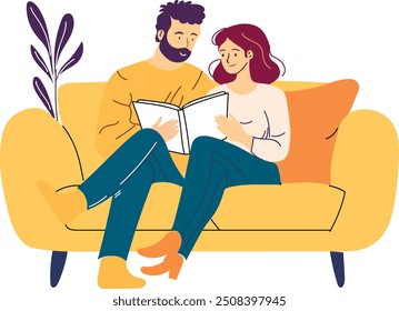 Casal casado em casa. Um homem e uma mulher estão sentados no sofá com um livro. Passatempos e lazer, recreação. Conforto e conforto em um apartamento ou casa. Feliz casal passando o tempo juntos. Linha