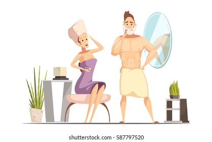 Married couple hygienic hair removal procedure in family bathroom together with wet shaving man cartoon vector illustration 