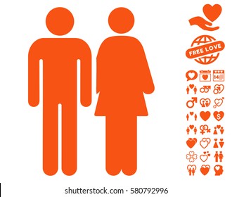 Married Couple icon with bonus dating graphic icons. Vector illustration style is flat iconic orange symbols on white background.