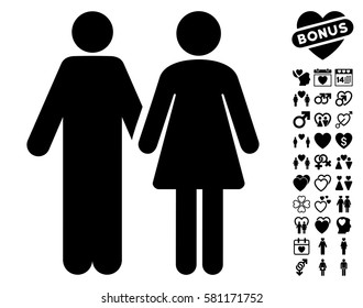 Married Couple Icon With Bonus Decorative Graphic Icons. Vector Illustration Style Is Flat Iconic Black Symbols On White Background.