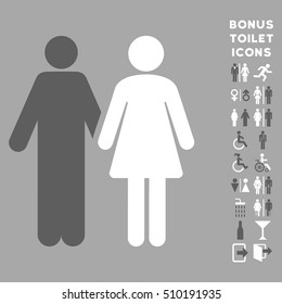 Married Couple icon and bonus male and lady lavatory symbols. Vector illustration style is flat iconic bicolor symbols, dark gray and white colors, silver background.