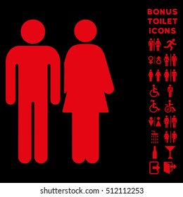 Married Couple icon and bonus male and lady WC symbols. Vector illustration style is flat iconic symbols, red color, black background.