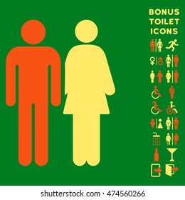 Married Couple icon and bonus man and woman restroom symbols. Vector illustration style is flat iconic bicolor symbols, orange and yellow colors, green background.