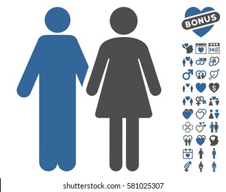 Married Couple icon with bonus marriage design elements. Vector illustration style is flat iconic cobalt and gray symbols on white background.