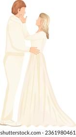 Married couple icon. Hand drawn style vector groom and bride illustration. Man and woman in white dress and suit.