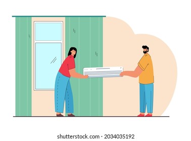 Ehepaar, das eine Klimaanlage im Haus installiert. Ehefrau und Ehemann mit Klimaanlage, flache Vektorgrafik. Technologie, Haushaltsgeräte-Konzept für Website-Design oder Landing-Page